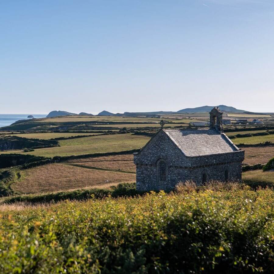 St Non's Chapel overlooking the Pembrokeshire coastline near St Davids, a historic pilgrimage site and the traditional birthplace of St David.
